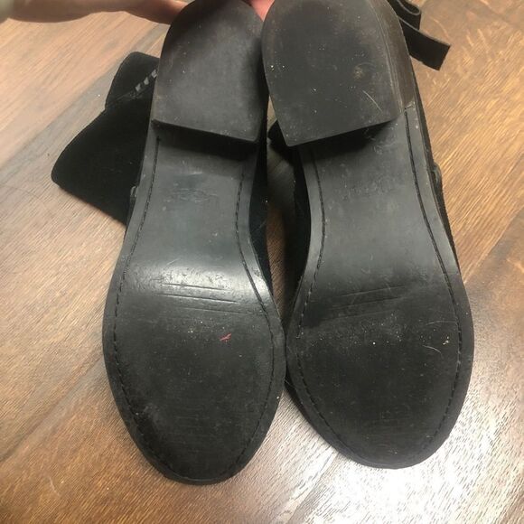 Ugg Fiase Whipstitched Suede‎ Leather Bow Boots 9.5 Heeled Booties Ankle Black - Picture 9 of 9